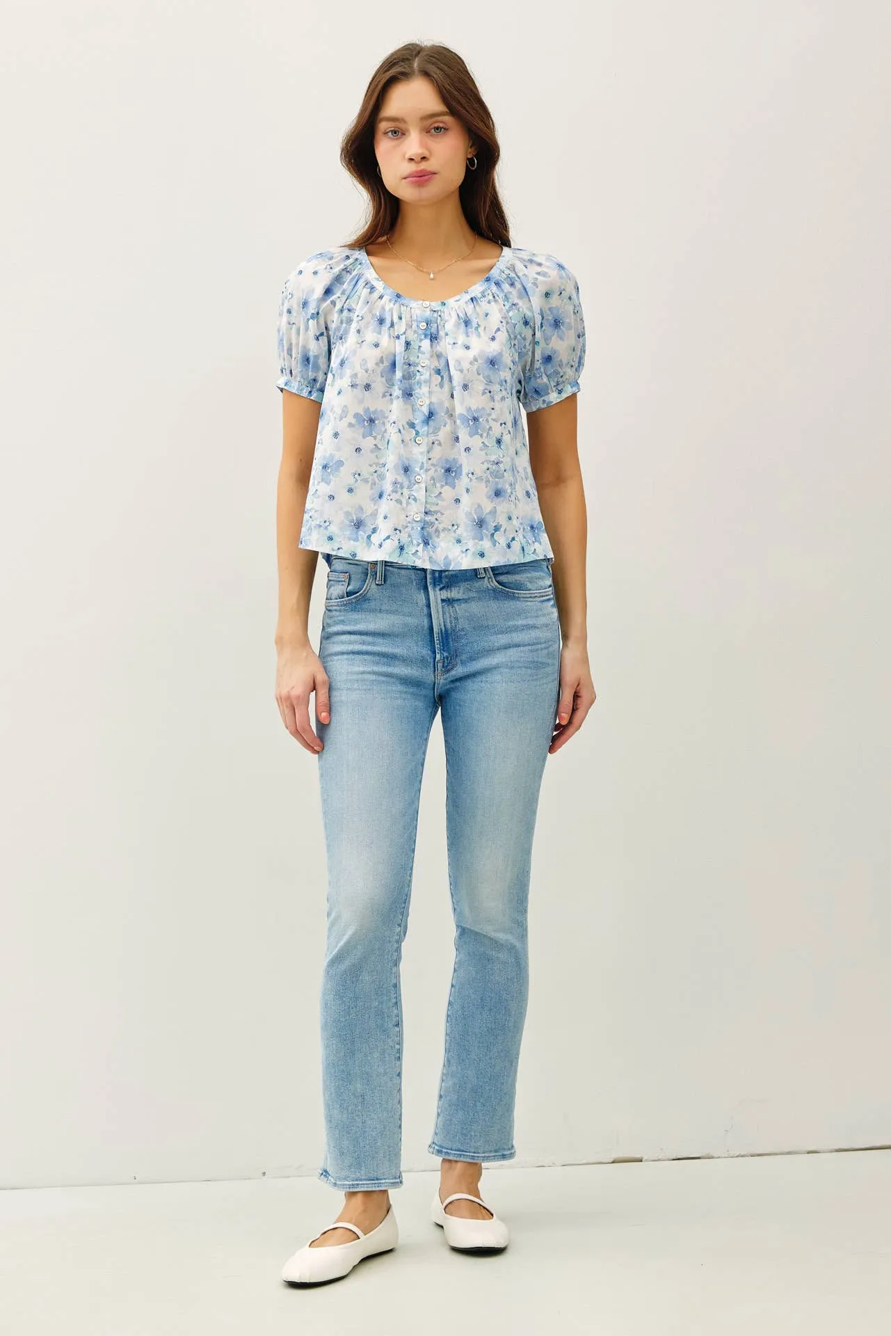 FLORAL BOXY PUFF SLEEVE BUTTON UP TOP