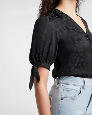 Floral Jacquard Puff Sleeve Tie Cuff Shirt in Pitch Black