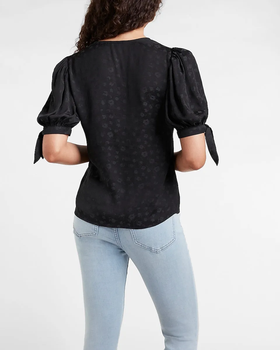 Floral Jacquard Puff Sleeve Tie Cuff Shirt in Pitch Black