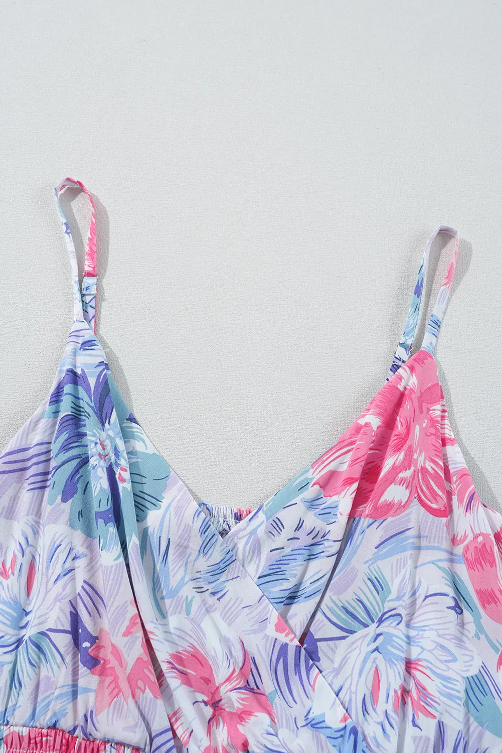 Floral Spaghetti Strap Surplice Neck Shirred Waist Mini Dress