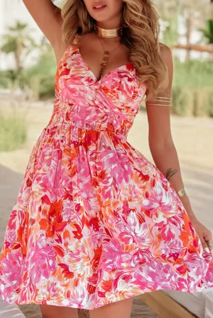 Floral Spaghetti Strap Surplice Neck Shirred Waist Mini Dress