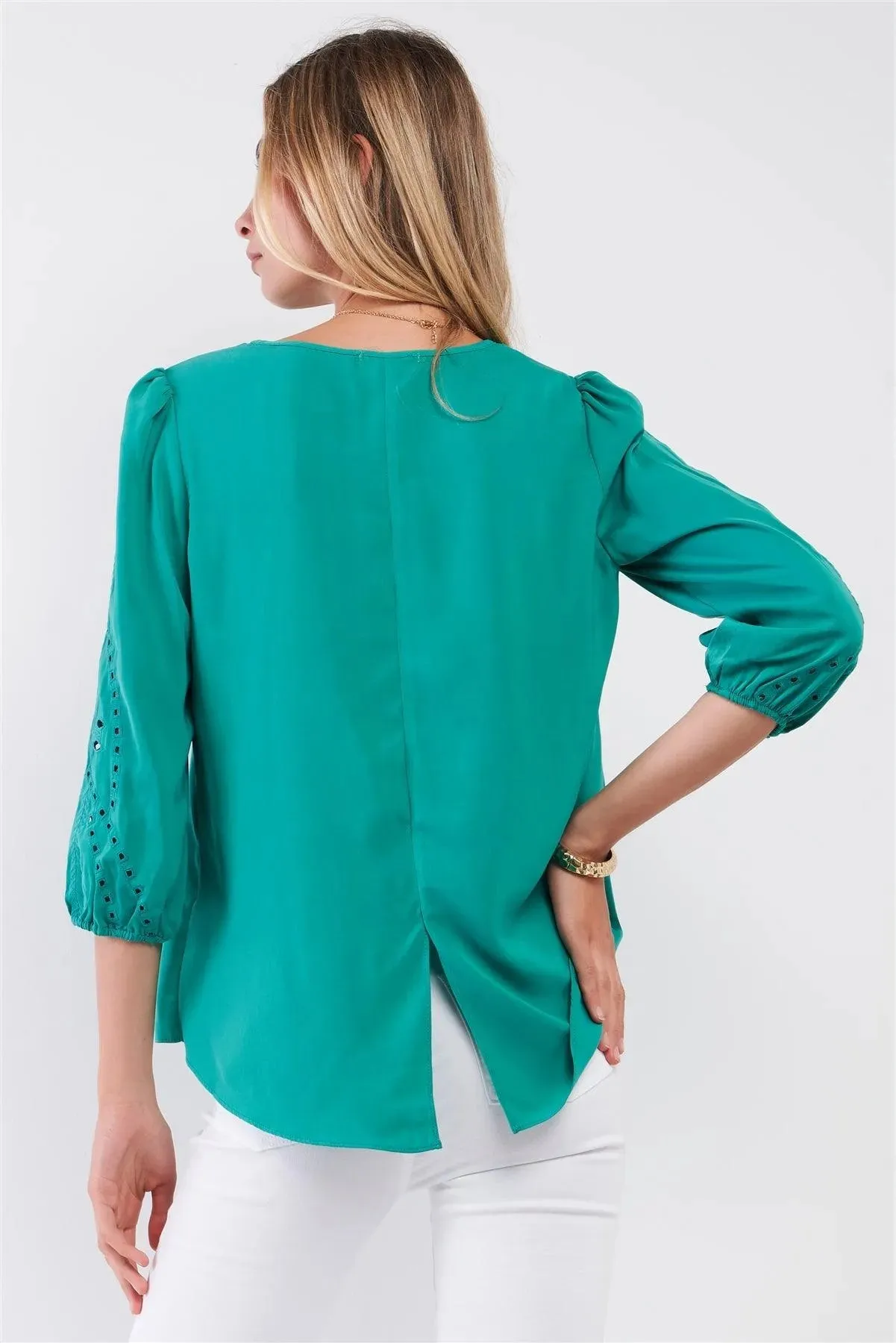 Forest Green Boho Laser-Cut Embroidery Trim Balloon Sleeve Relaxed Blouse Top /1-3-2