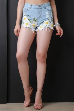 Frayed Embroidered Daisy Applique Distress Denim Shorts