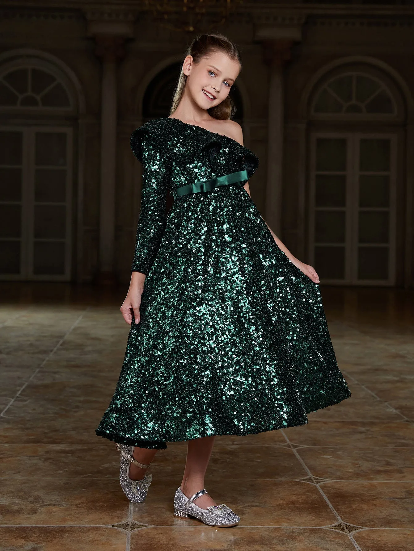 Girl's One Shoulder Ruffle Trim Sequin Party Dress