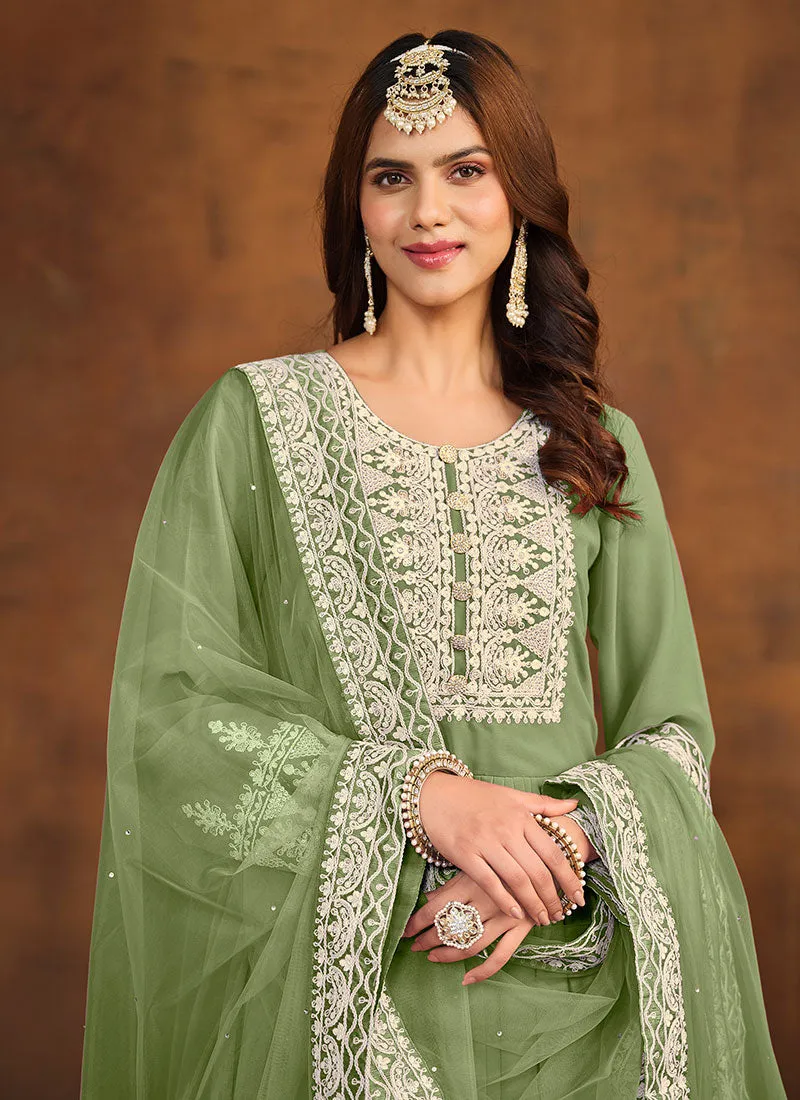 Green Thread Embroidery Anarkali Palazzo Suit