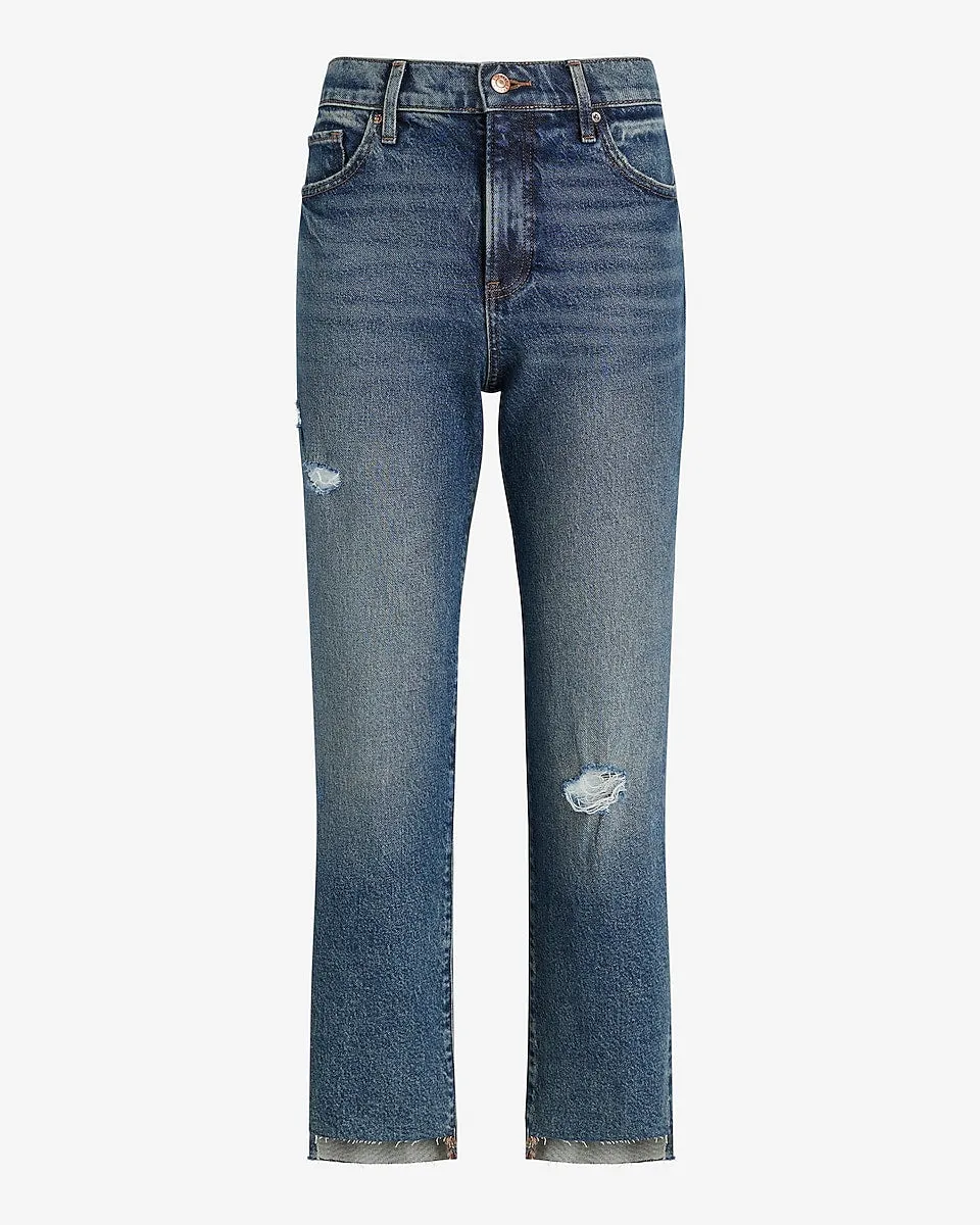 High Waisted Medium Wash Ripped Raw Hem Straight Ankle Jeans in Medium Wash
