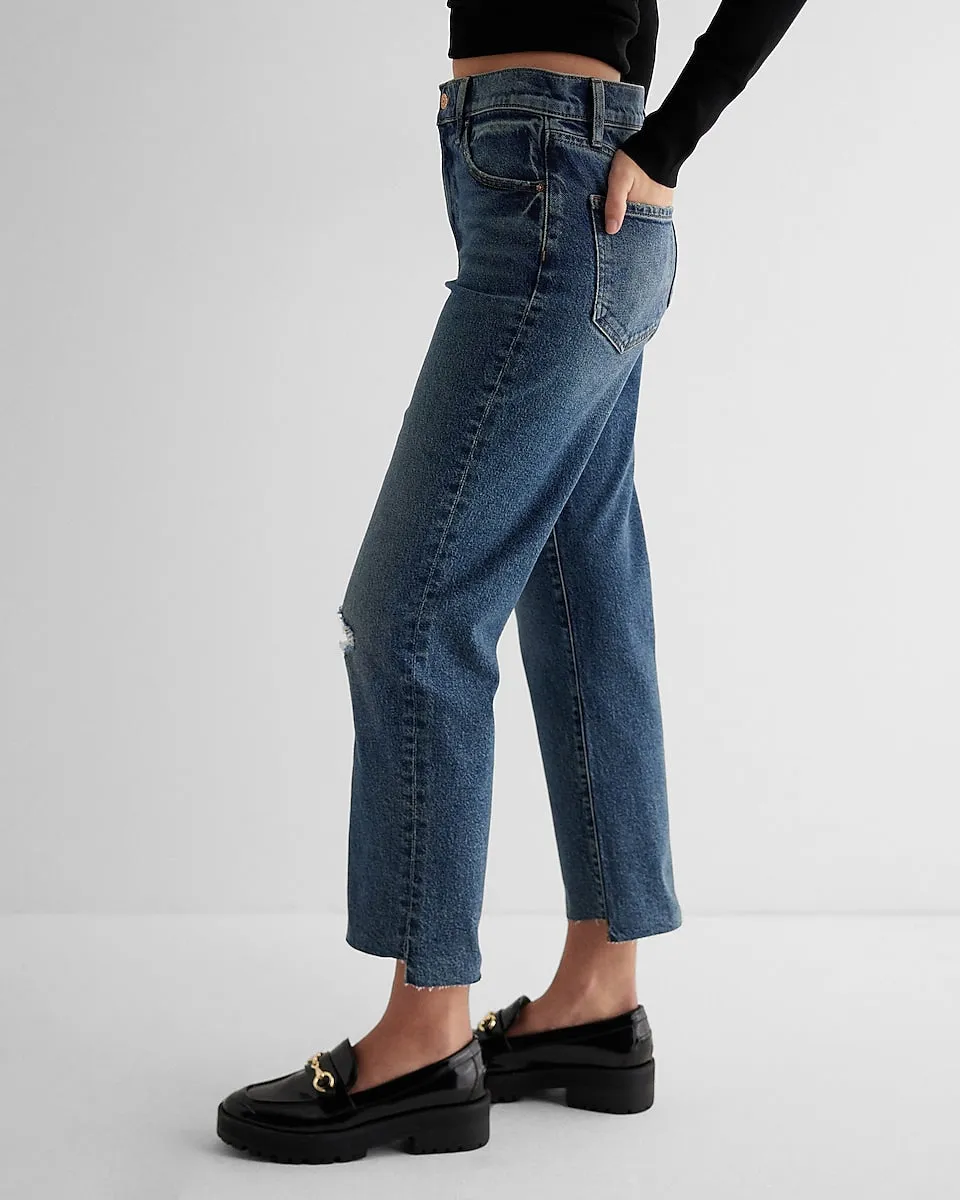 High Waisted Medium Wash Ripped Raw Hem Straight Ankle Jeans in Medium Wash