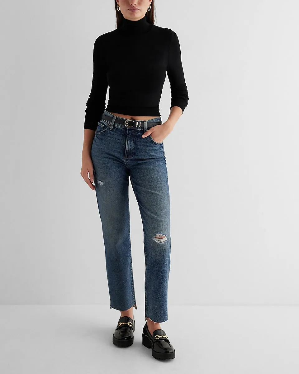 High Waisted Medium Wash Ripped Raw Hem Straight Ankle Jeans in Medium Wash