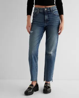 High Waisted Medium Wash Ripped Raw Hem Straight Ankle Jeans in Medium Wash