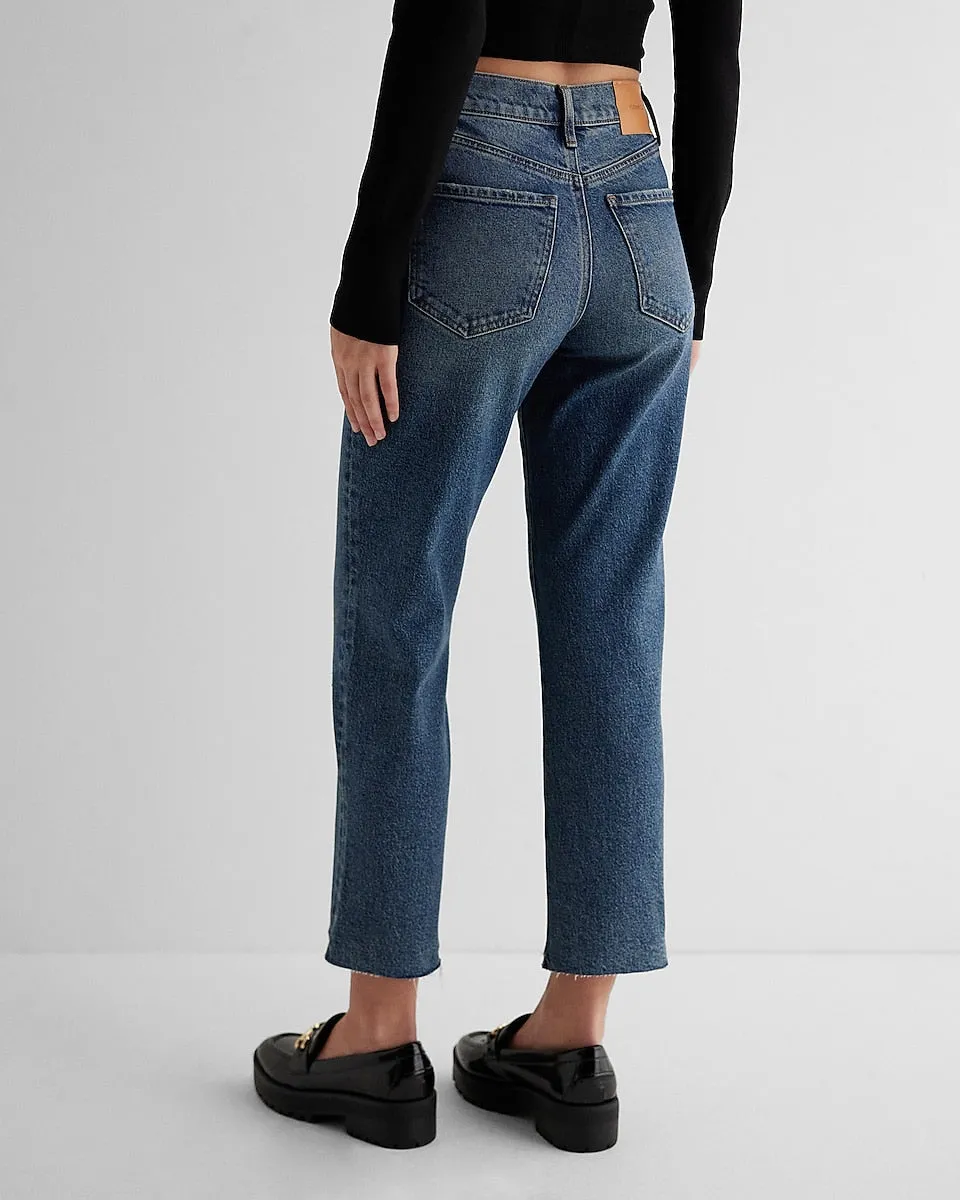 High Waisted Medium Wash Ripped Raw Hem Straight Ankle Jeans in Medium Wash