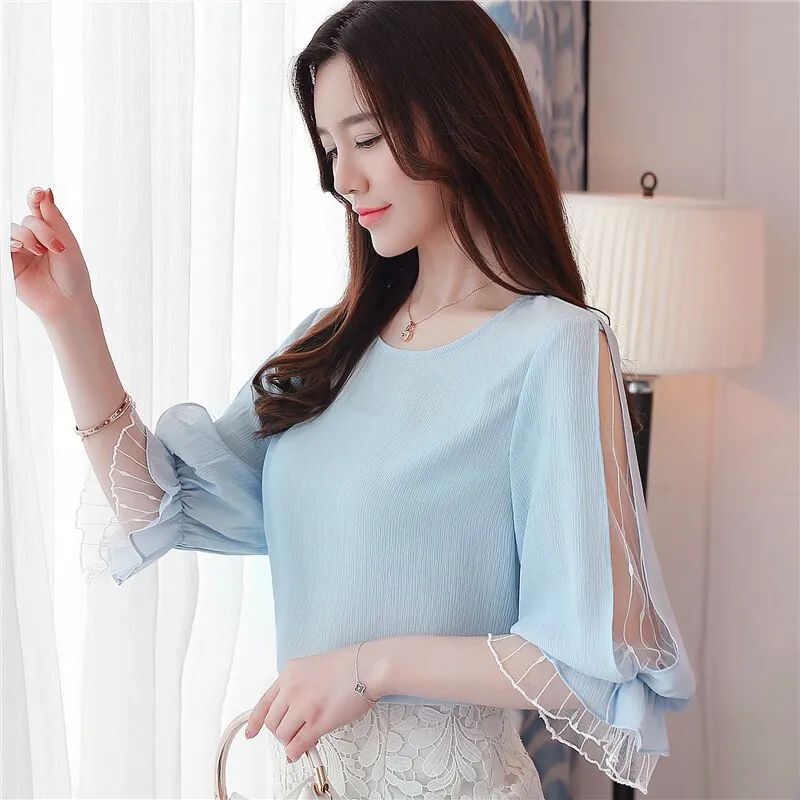 Joskaa 2024 fashion chiffon women's clothing summer half sleeve light blue women shirt blouse sweet o-neck women's tops blusas D740 30