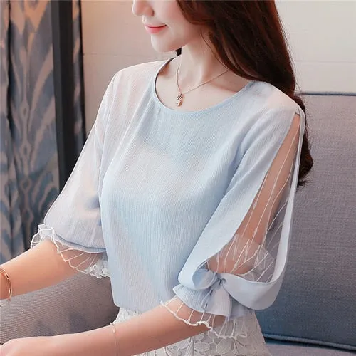Joskaa 2024 fashion chiffon women's clothing summer half sleeve light blue women shirt blouse sweet o-neck women's tops blusas D740 30