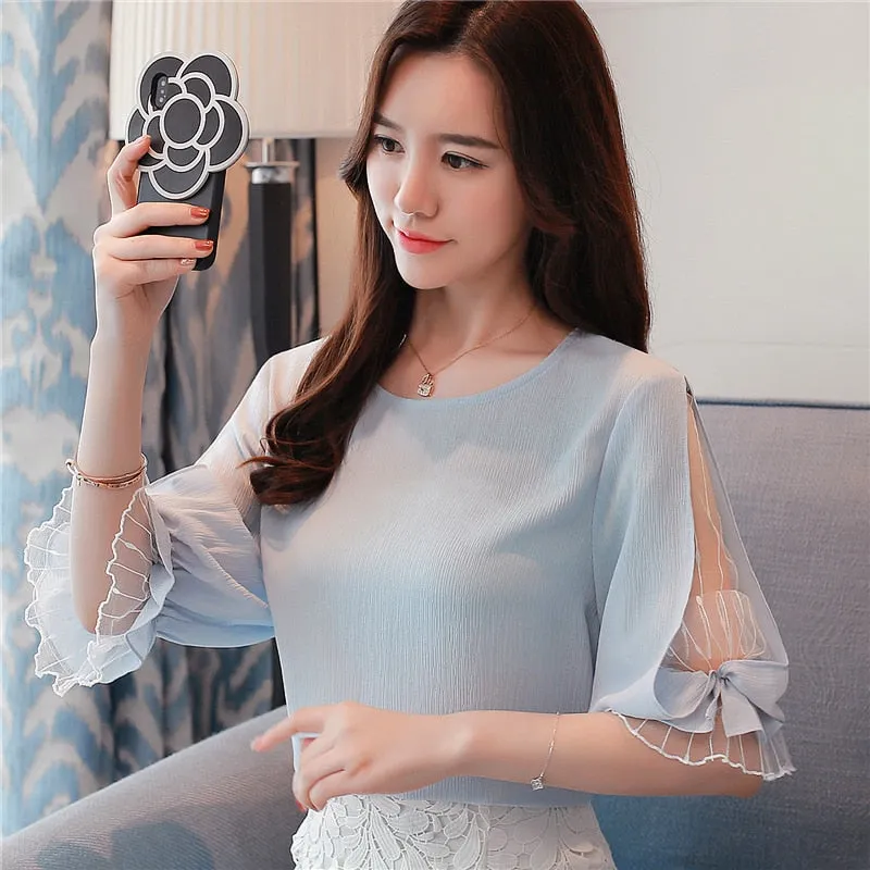 Joskaa 2024 fashion chiffon women's clothing summer half sleeve light blue women shirt blouse sweet o-neck women's tops blusas D740 30