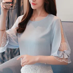 Joskaa 2024 fashion chiffon women's clothing summer half sleeve light blue women shirt blouse sweet o-neck women's tops blusas D740 30