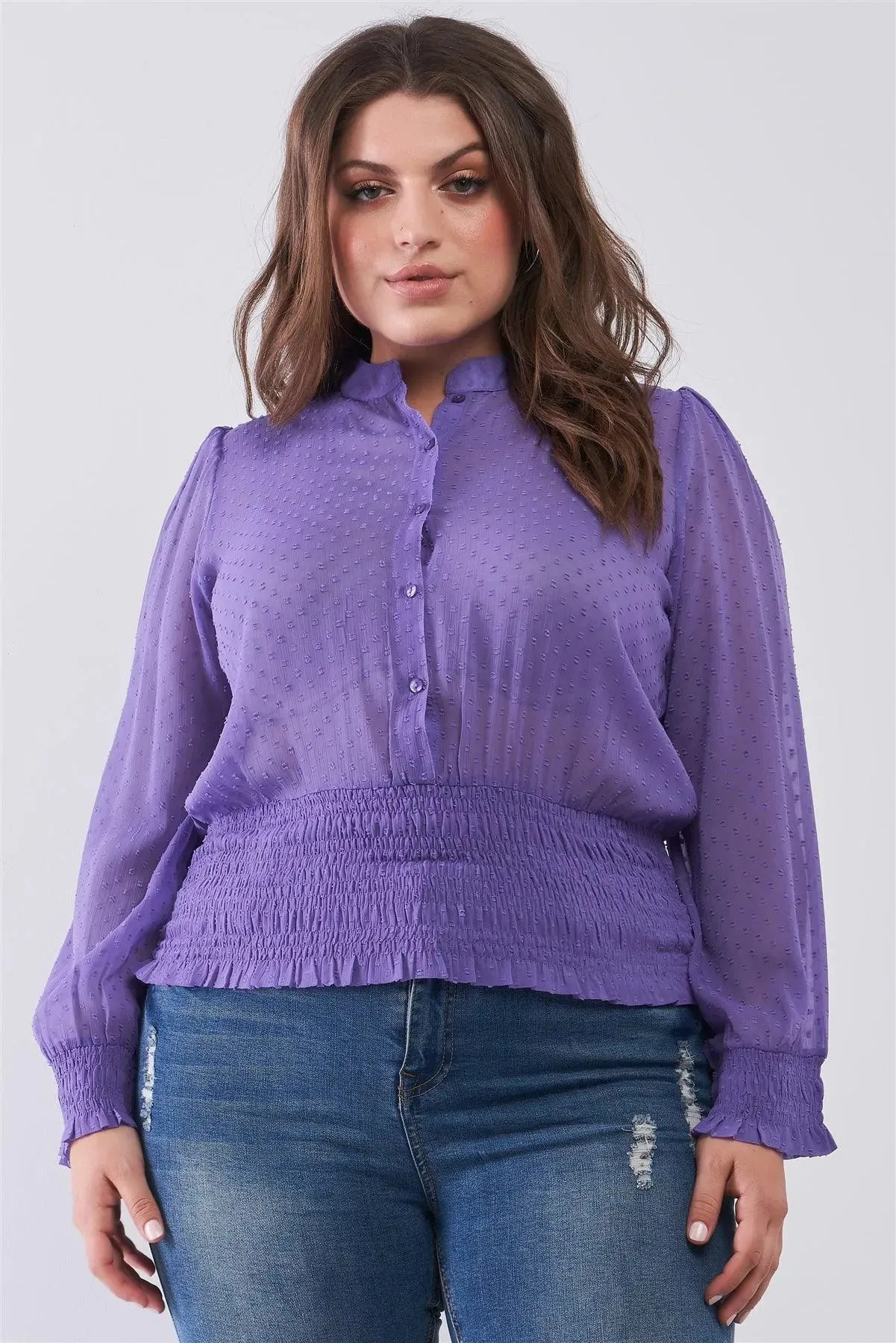 Junior Plus Size Violet Mesh Polka Dot Balloon Sleeve Button-Down Smock Detail Blouse Top /1-3-2