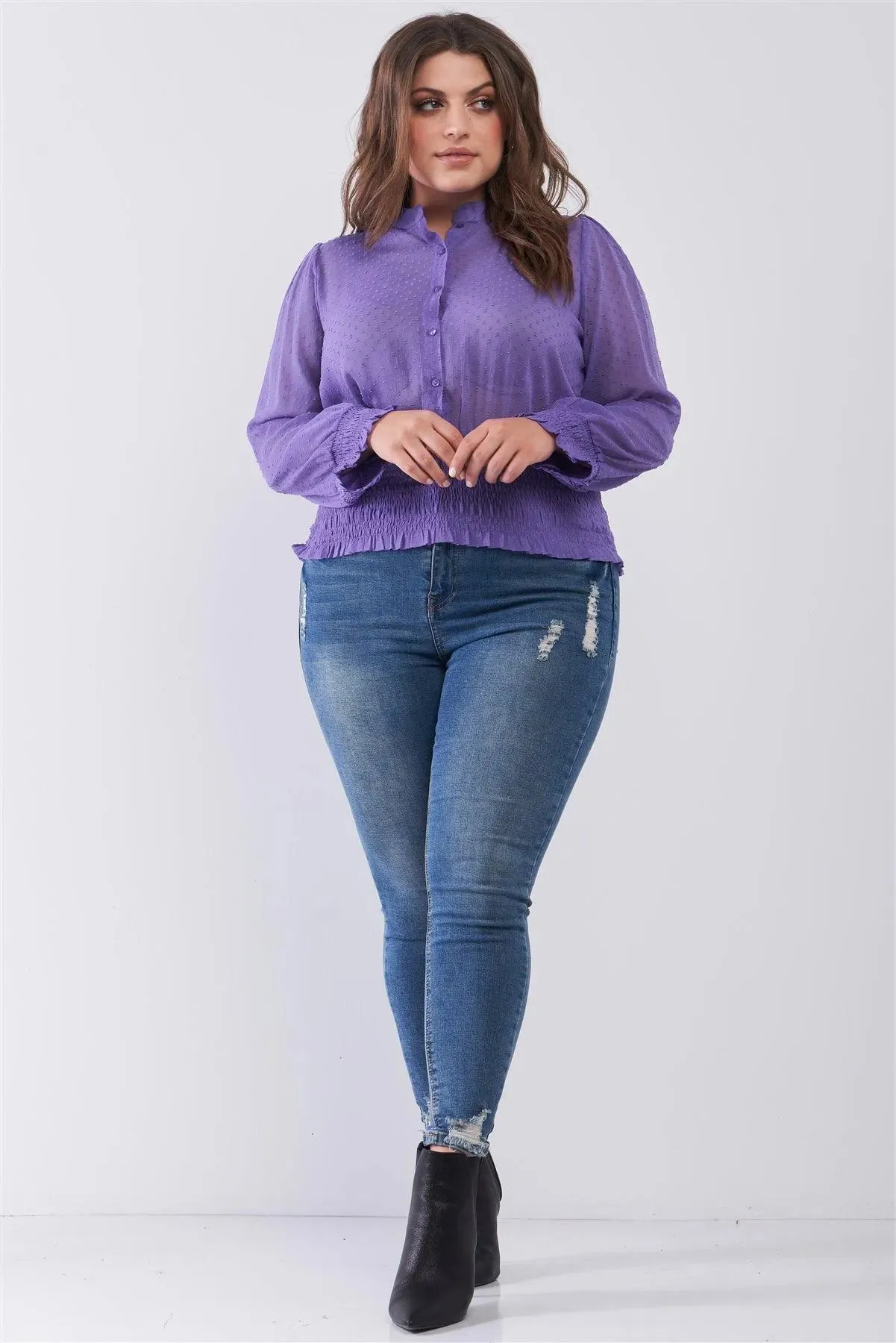 Junior Plus Size Violet Mesh Polka Dot Balloon Sleeve Button-Down Smock Detail Blouse Top /1-3-2