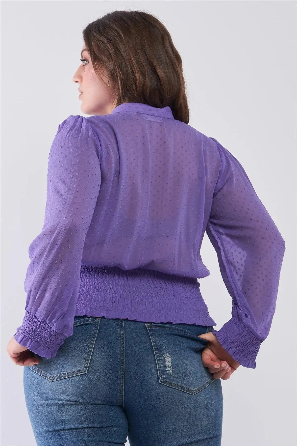 Junior Plus Size Violet Mesh Polka Dot Balloon Sleeve Button-Down Smock Detail Blouse Top /1-3-2
