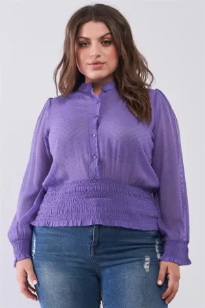 Junior Plus Size Violet Mesh Polka Dot Balloon Sleeve Button-Down Smock Detail Blouse Top /1-3-2