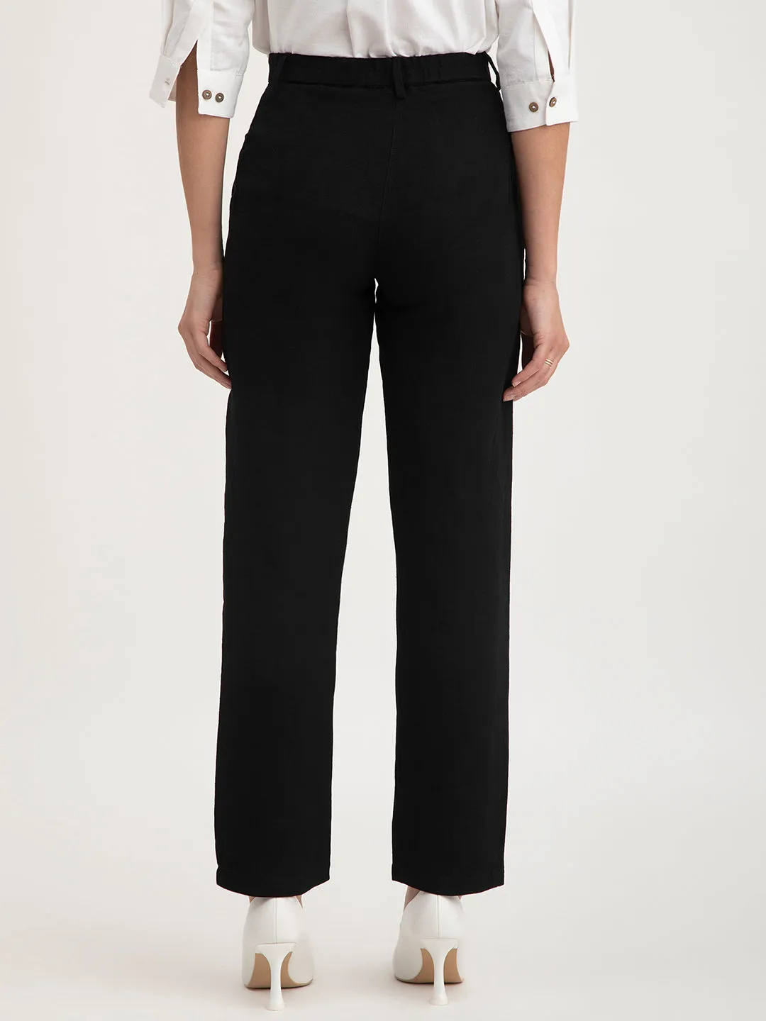 Linen Elasticated Straight Trouser - Black
