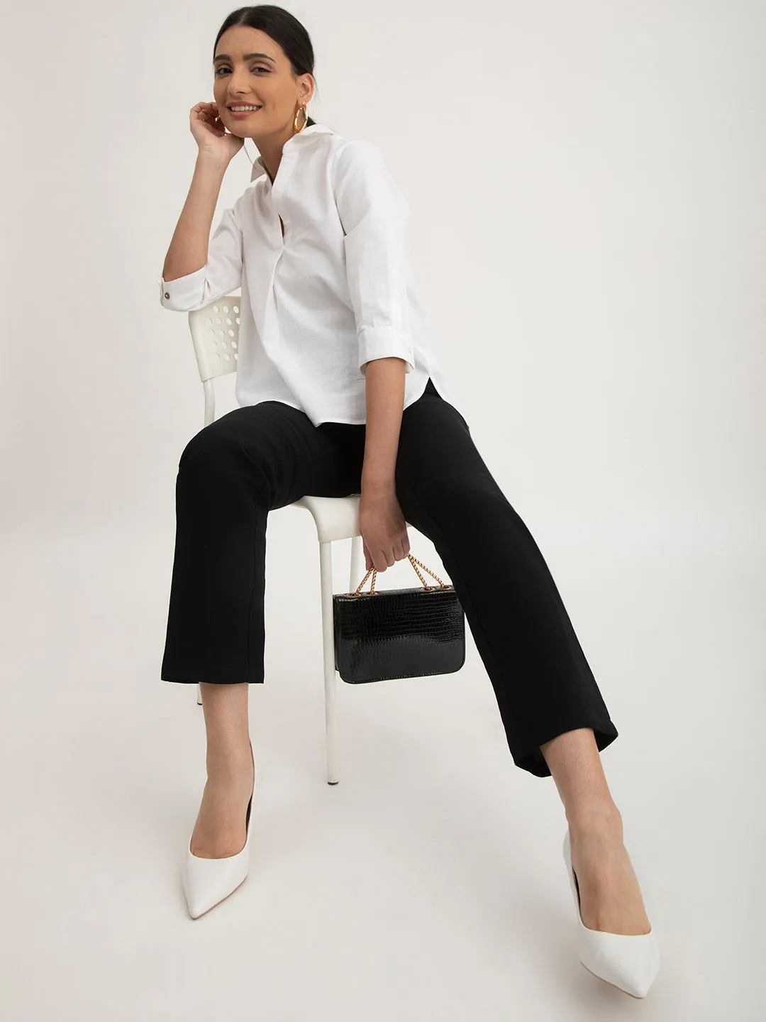 Linen Elasticated Straight Trouser - Black