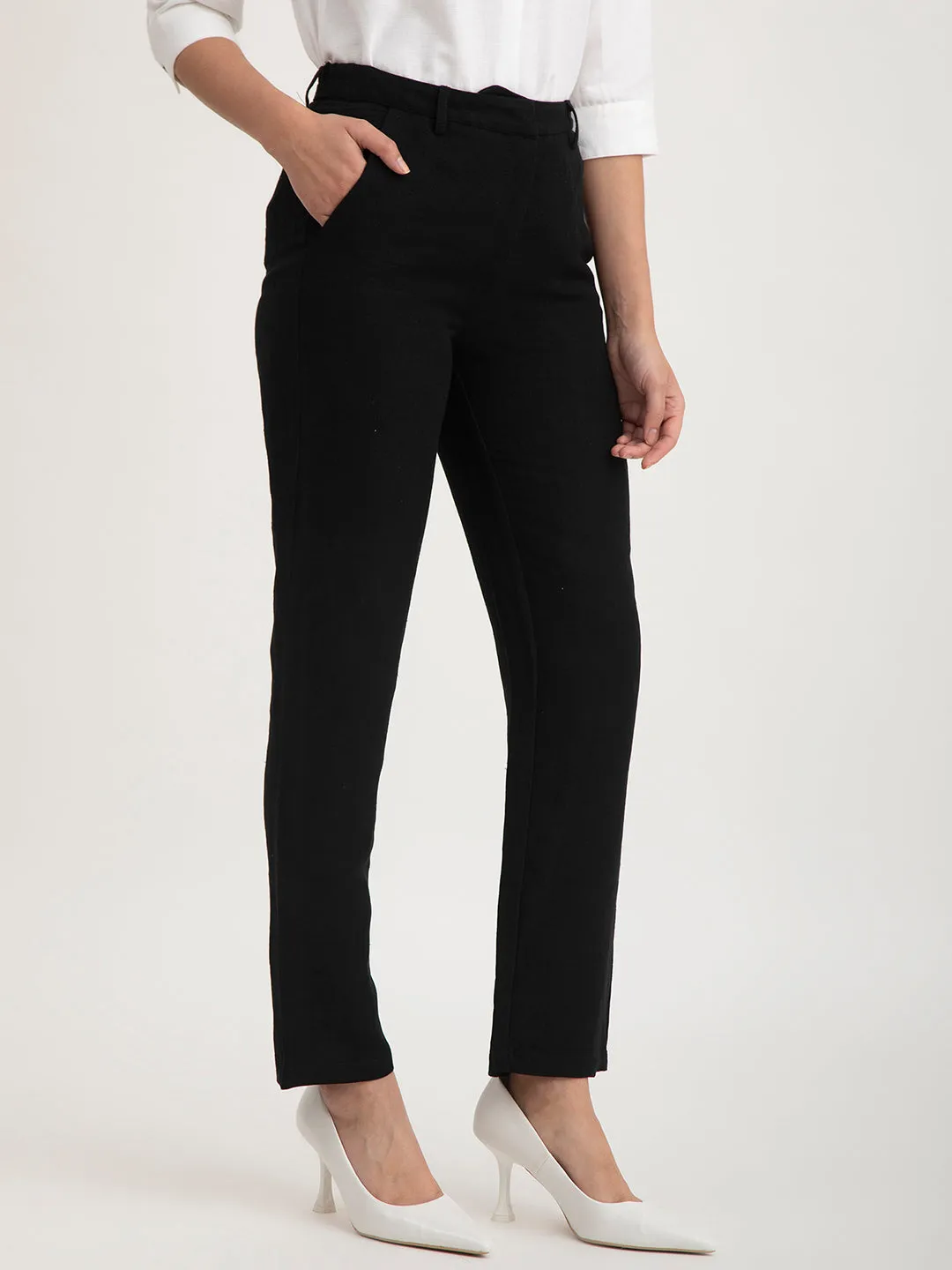 Linen Elasticated Straight Trouser - Black