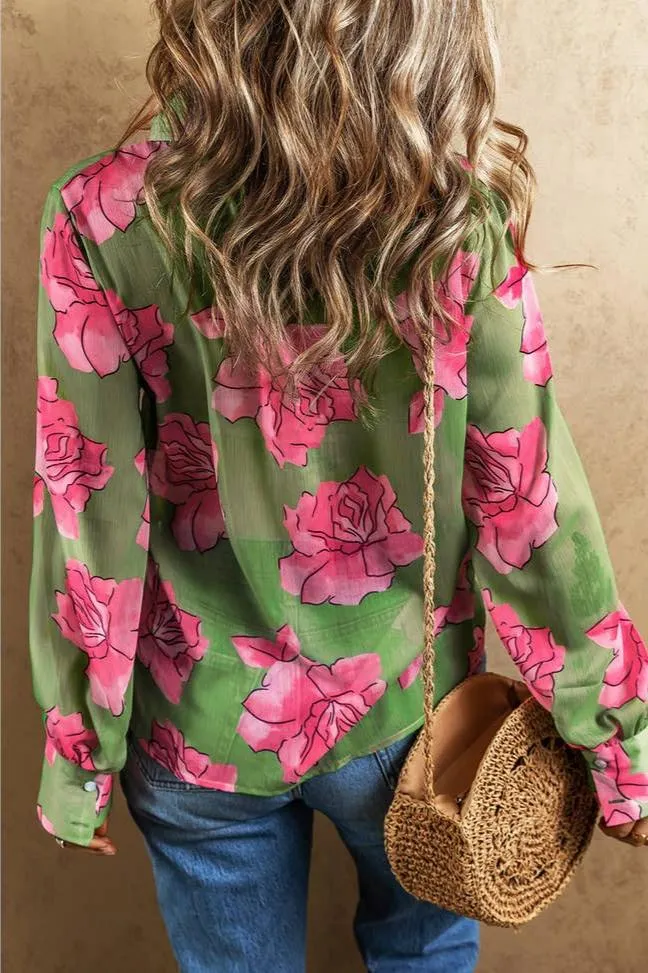 Little Daisy Closet Green Floral Print Pleated Detail Puff Sleeve Shirt