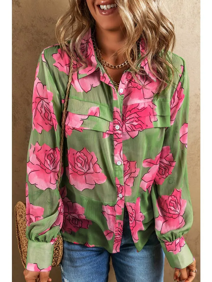 Little Daisy Closet Green Floral Print Pleated Detail Puff Sleeve Shirt