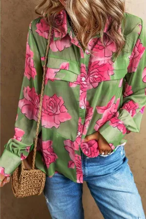 Little Daisy Closet Green Floral Print Pleated Detail Puff Sleeve Shirt