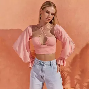 Long Puff Sleeve Sexy Halter Backless Crop Top
