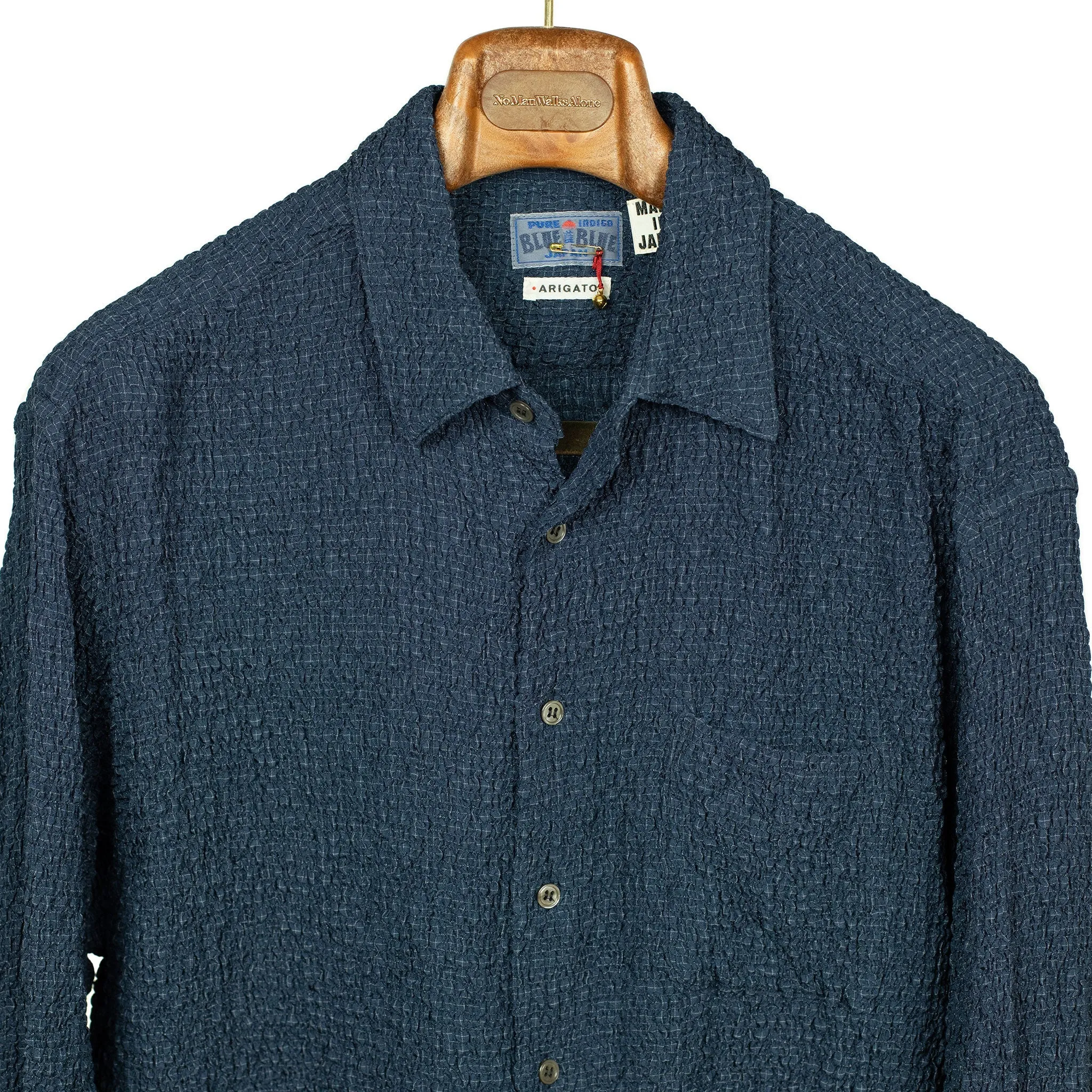 Long sleeve shirt in shirred indigo-dyed cupro