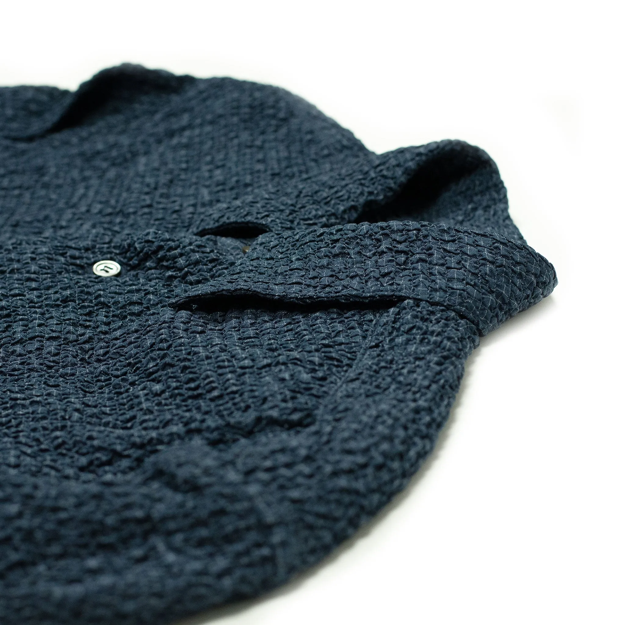 Long sleeve shirt in shirred indigo-dyed cupro