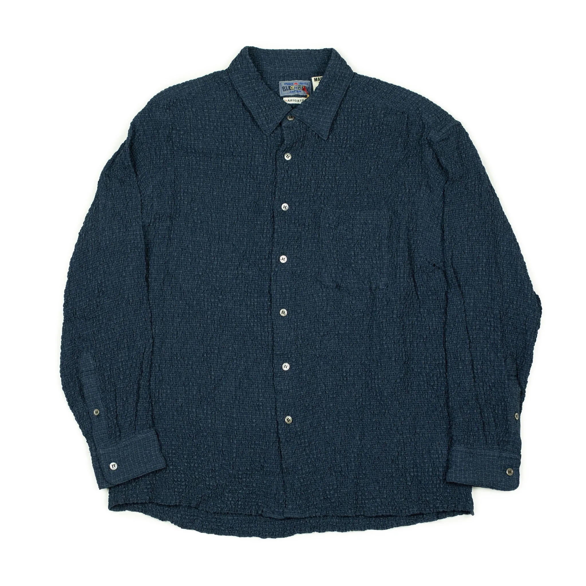 Long sleeve shirt in shirred indigo-dyed cupro