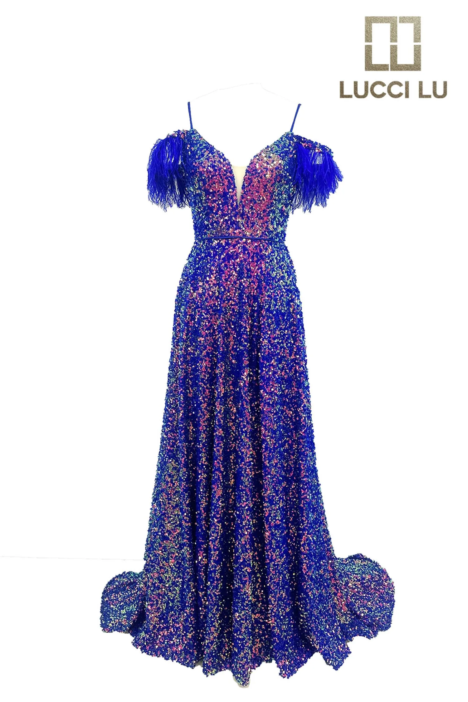 Lucci Lu 1305 Sequin A Line Maxi Slit Prom Dress Feather off the Shoulder Backless Gown