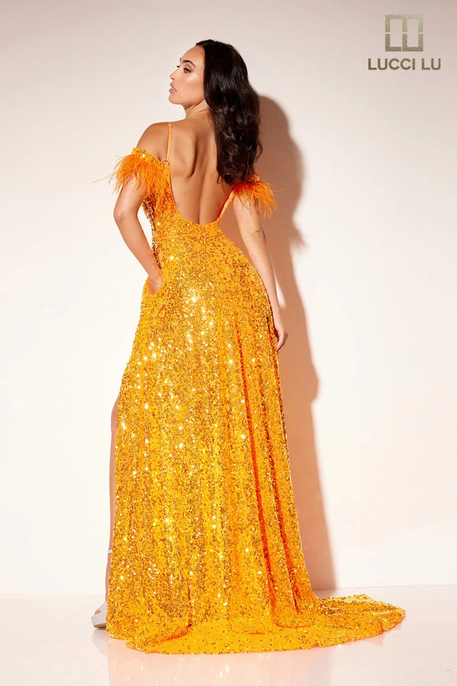Lucci Lu 1305 Sequin A Line Maxi Slit Prom Dress Feather off the Shoulder Backless Gown
