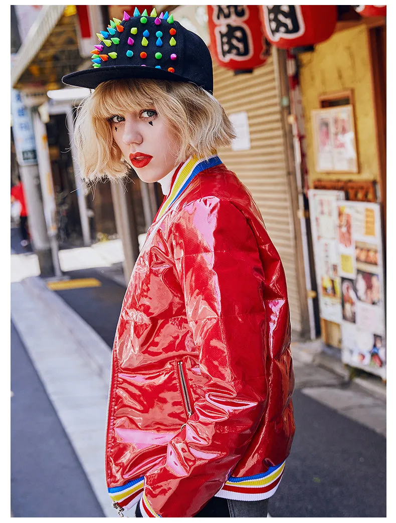 MAXMARTIN HIGH SHINE RED PADDED JACKET IN RAINBOW STRIPE M83463R94