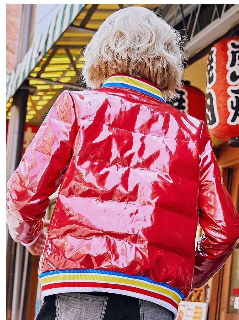 MAXMARTIN HIGH SHINE RED PADDED JACKET IN RAINBOW STRIPE M83463R94