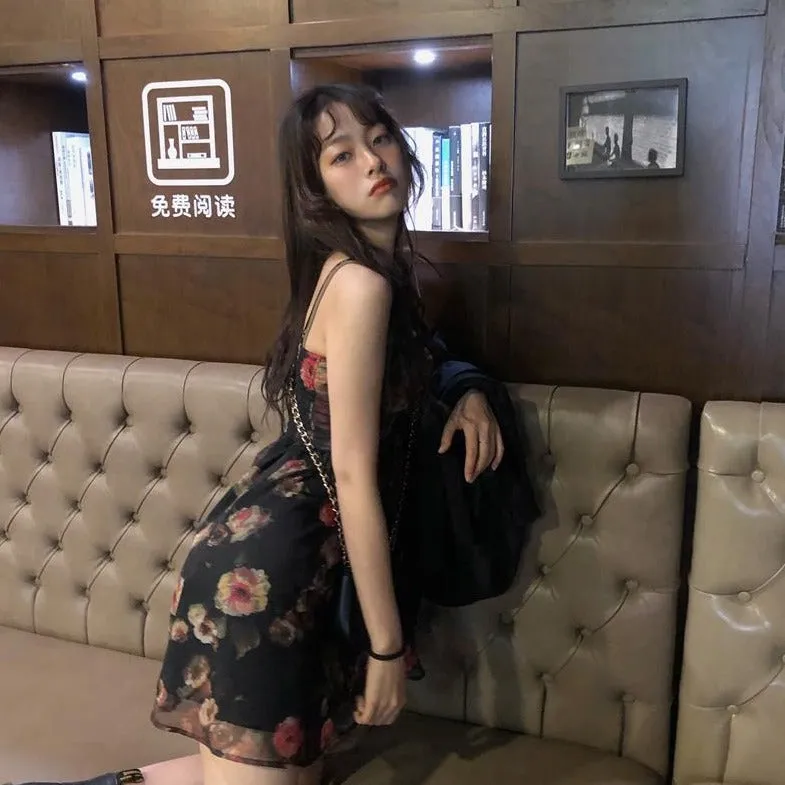Mini Chiffon Dress With Floral Print And Spaghetti Straps