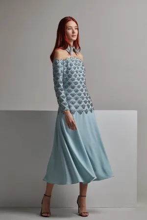 Off-The-Shoulder A-line Midi Dress with Embroidery