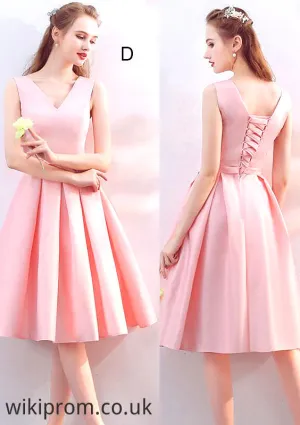 Off-the-Shoulder A-line/Princess Knee-Length Satin A-line/Princess Bridesmaid Dresses With Waistband Janiyah SWKP0025568