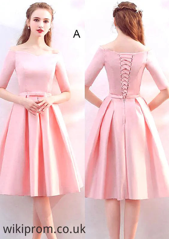 Off-the-Shoulder A-line/Princess Knee-Length Satin A-line/Princess Bridesmaid Dresses With Waistband Janiyah SWKP0025568