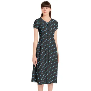 Origami Folds Puff Sleeve Button Through Dress