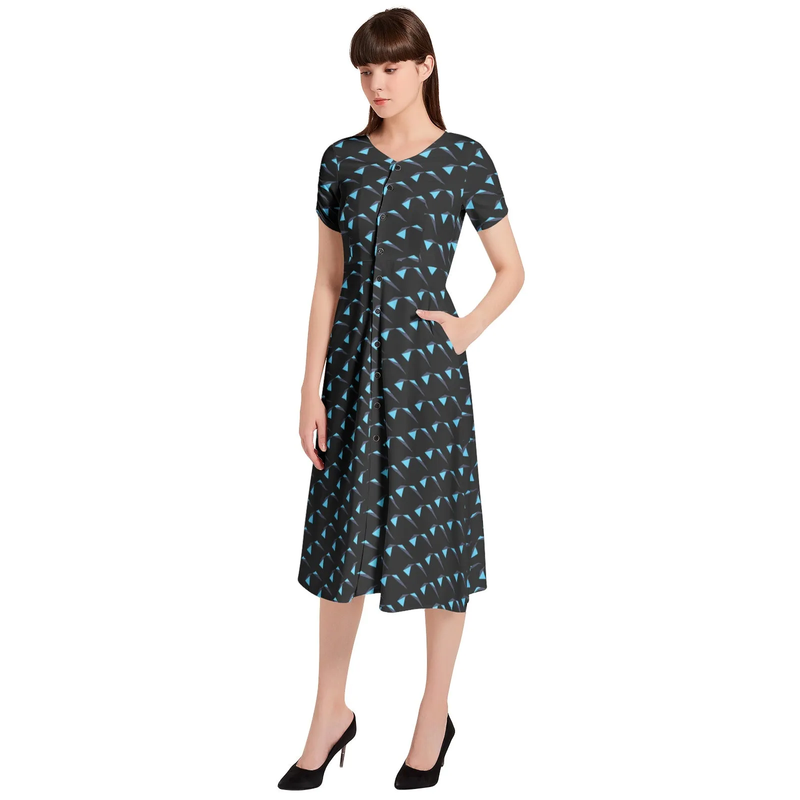 Origami Folds Puff Sleeve Button Through Dress