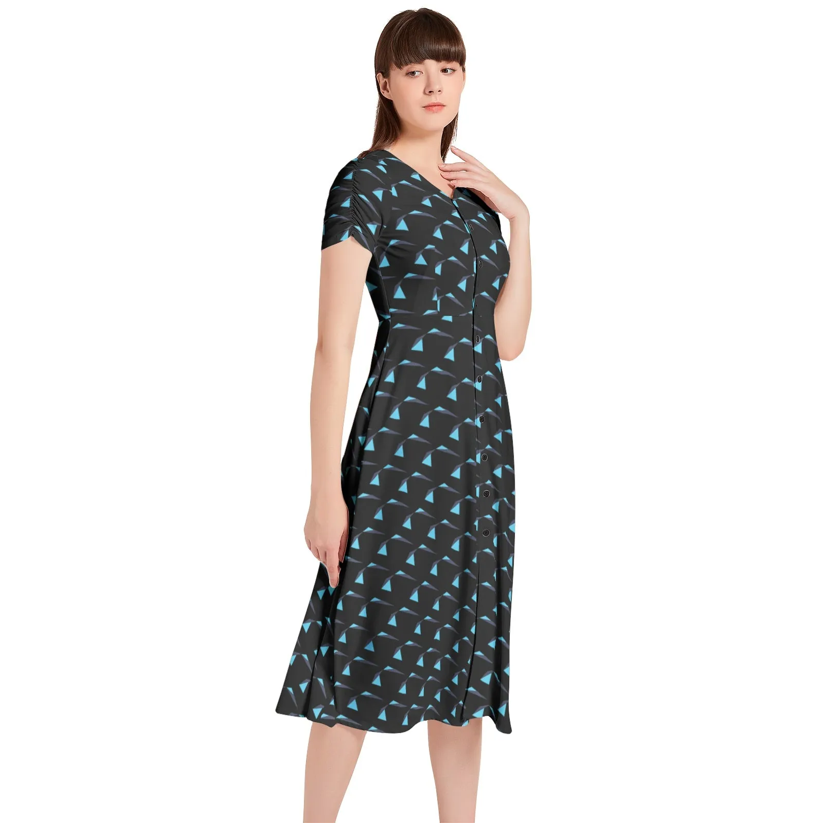 Origami Folds Puff Sleeve Button Through Dress