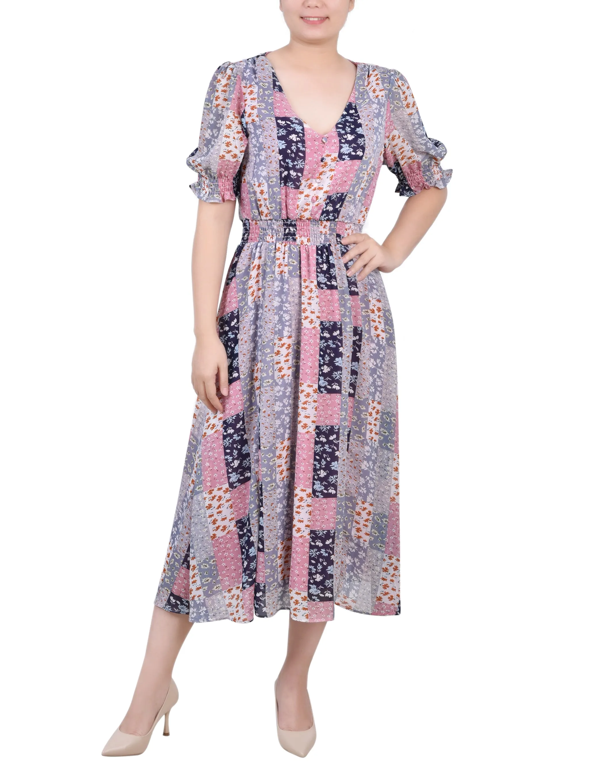 Petite Short Puff Sleeve Chiffon Dress