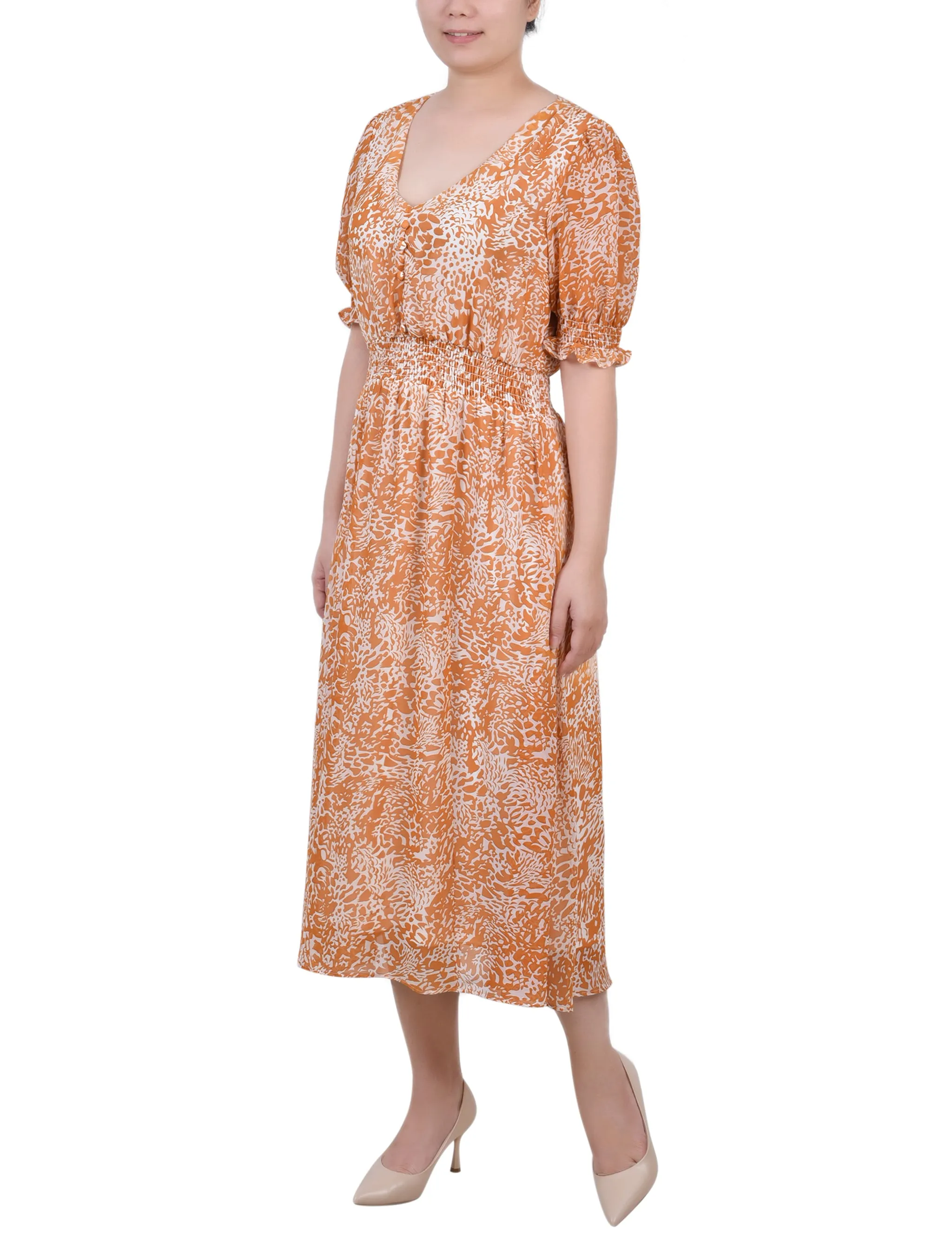 Petite Short Puff Sleeve Chiffon Dress