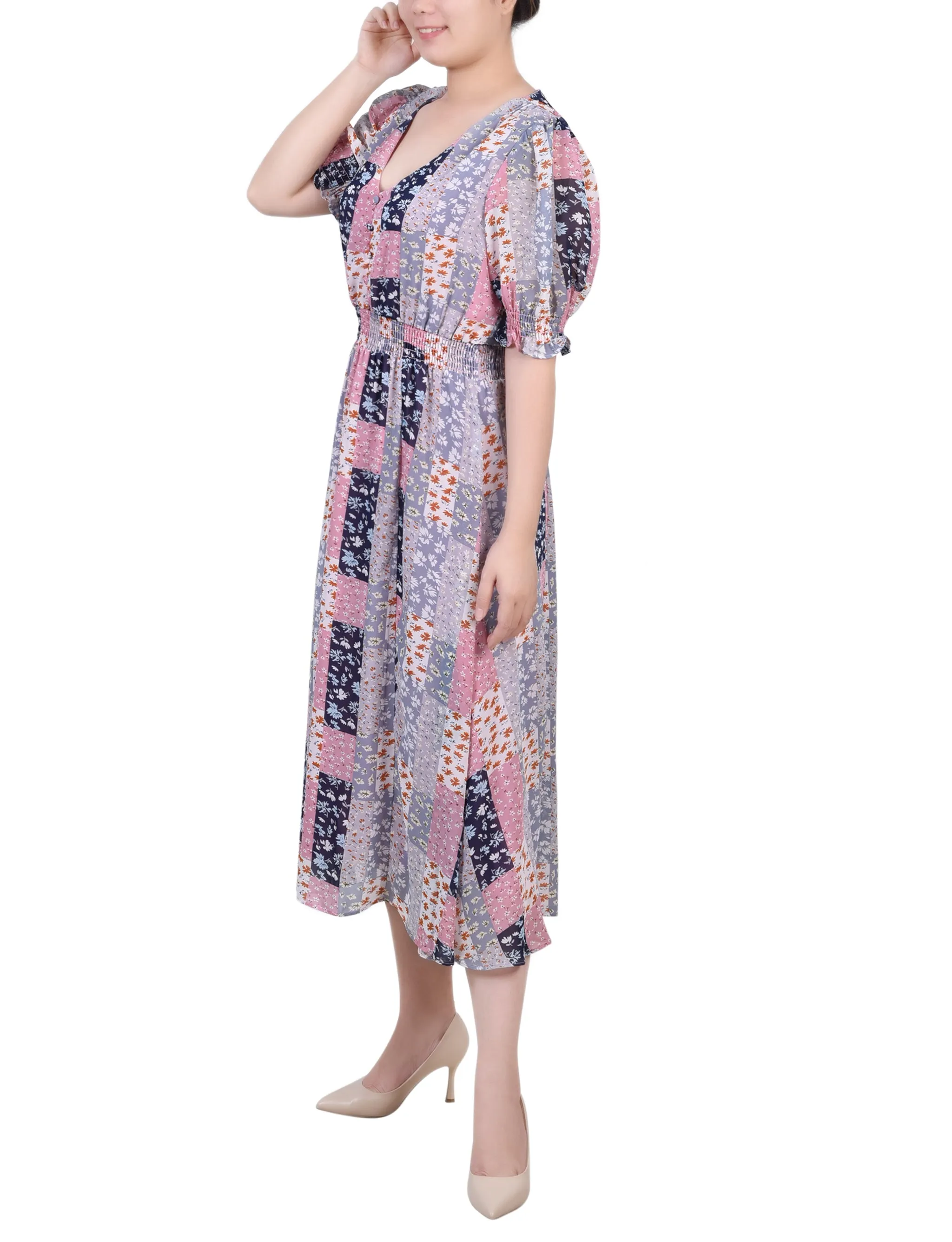 Petite Short Puff Sleeve Chiffon Dress