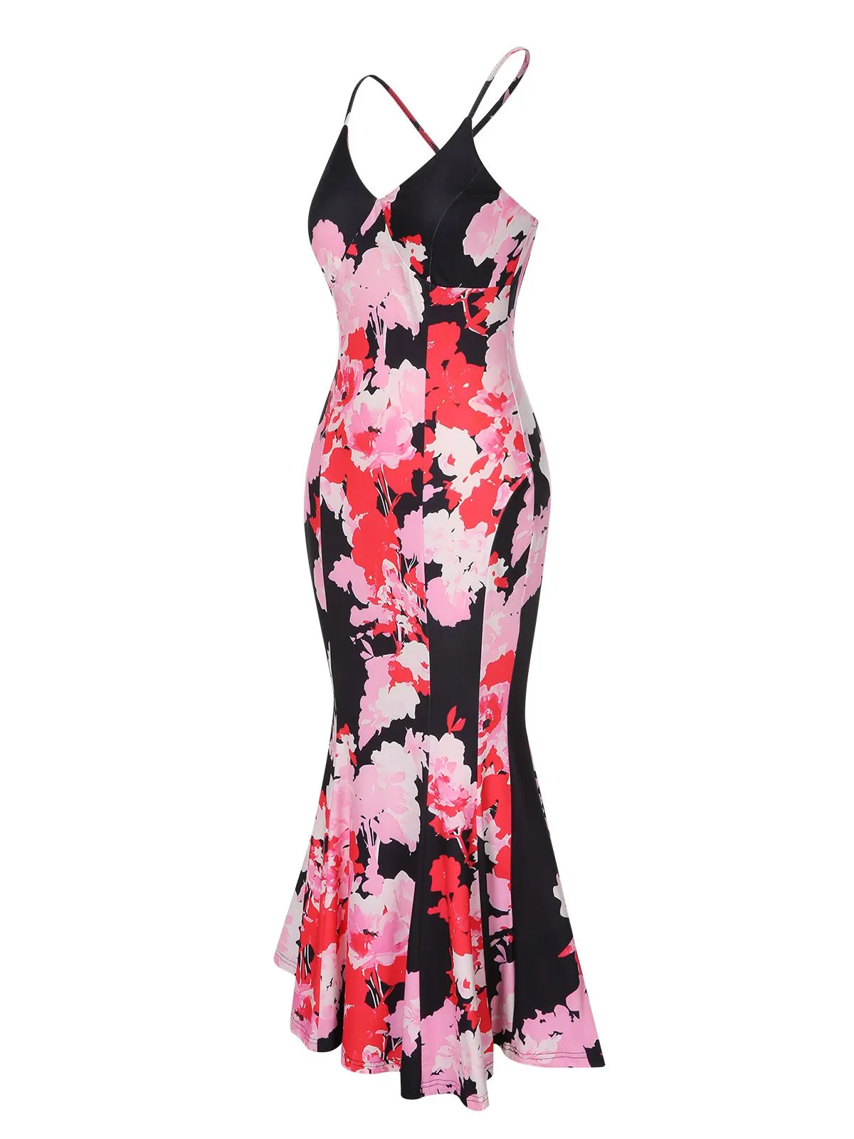 Pink 1930s Spaghetti Strap Floral Mermaid Dress