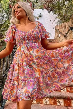 Pink Paisley Smocked Puff Sleeve Ruffle Dress