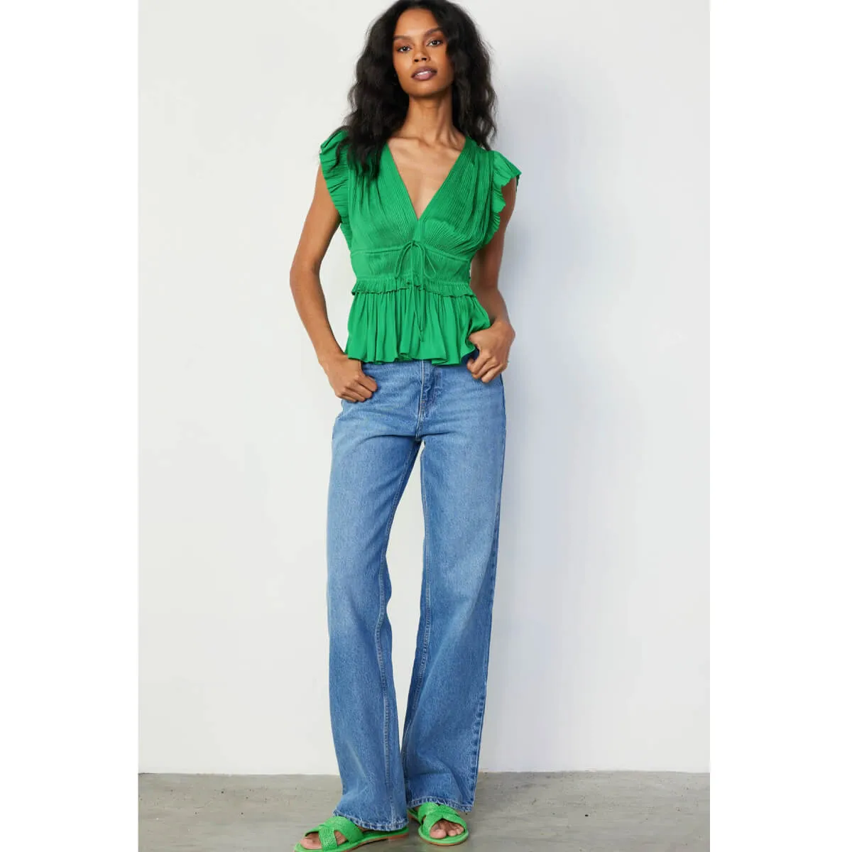 Pleated Peplum V-Neck Blouse