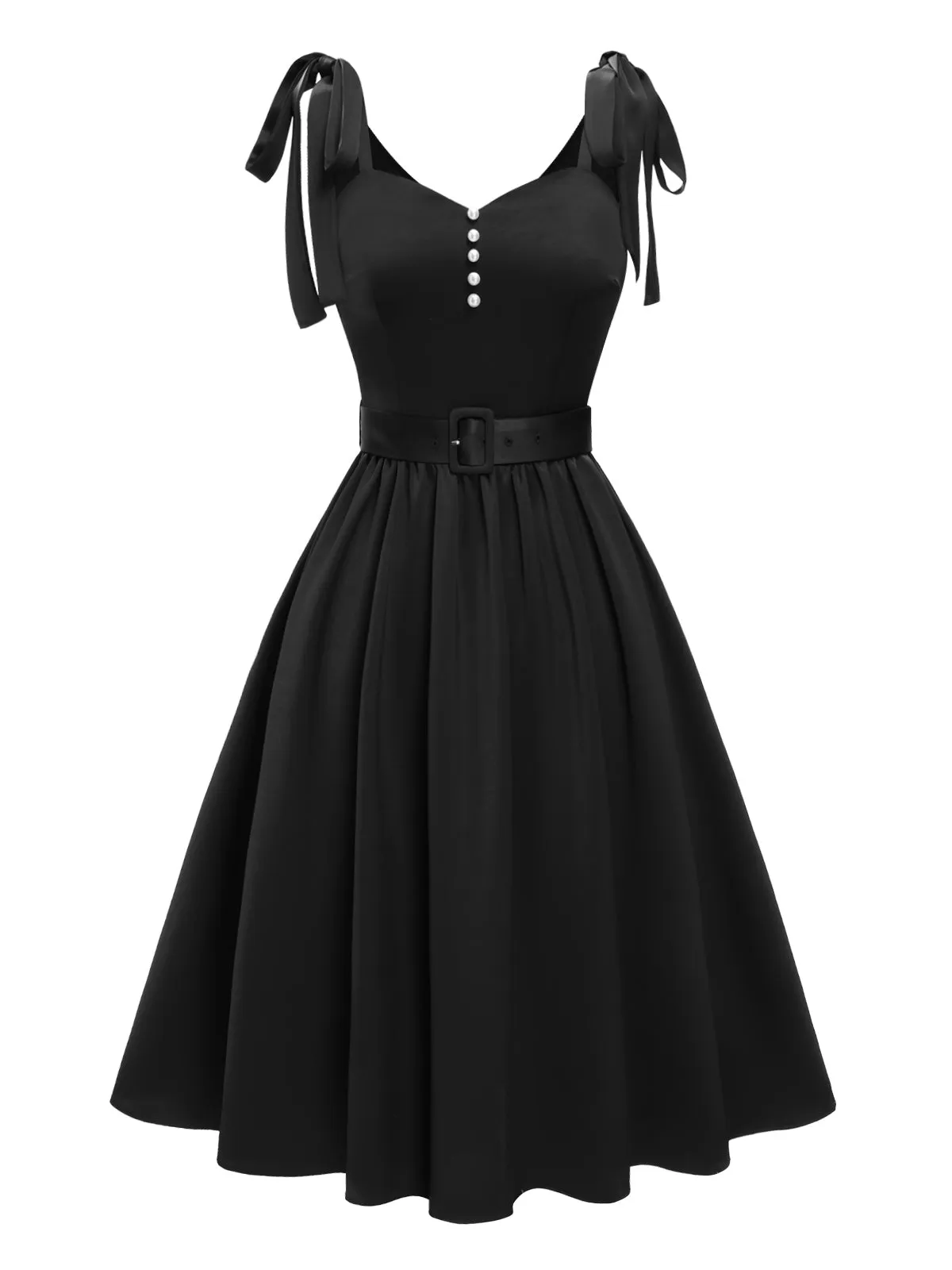 [Pre-Sale] Black 1950s Strap Bow Pearl Satin Belted Dress